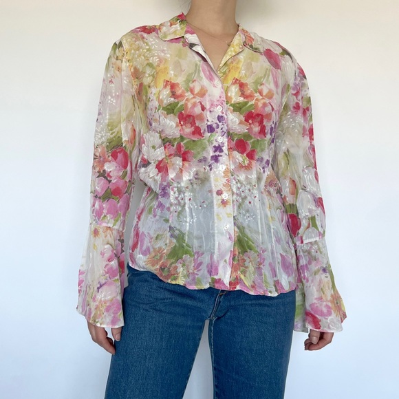 y2k Tianello “Chloe” bell sleeve blouse in a watercolor floral print sailer soft - Picture 1 of 11